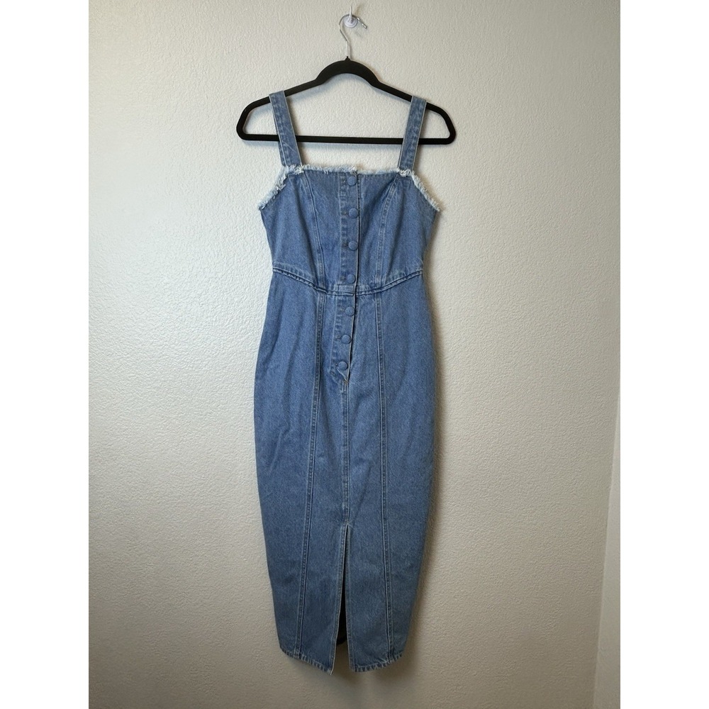 Pastiche Pop Denim Dress XS Light Wash Button Front Midi Raw Hem NWT $145‎